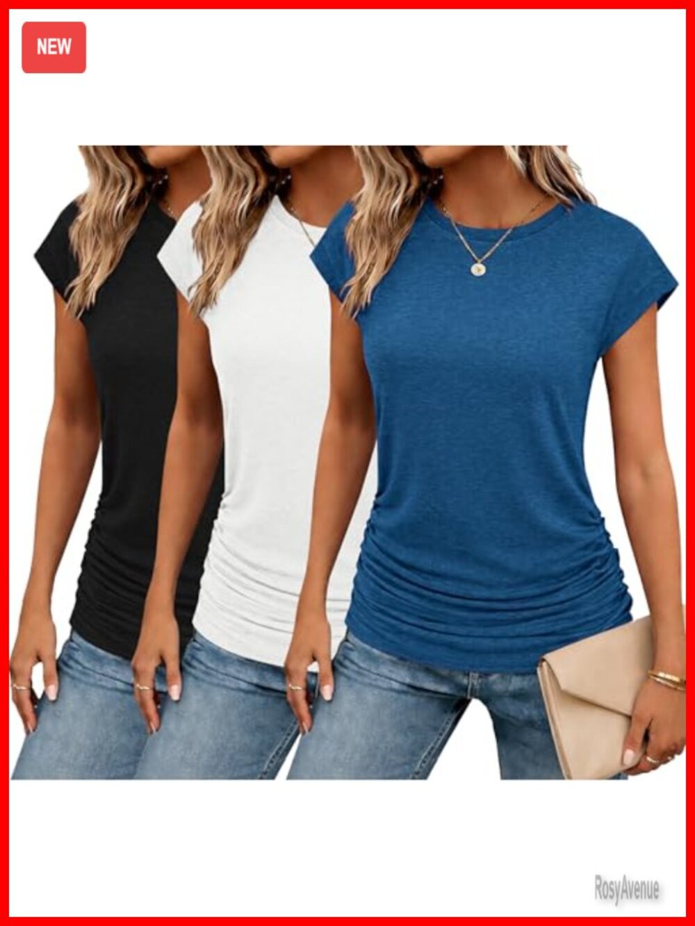 Women's Ruched Cap Sleeve Tunic Blouse Stretch Crew Neck